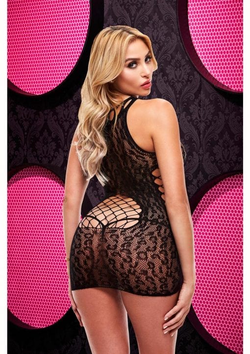Leopard Lace High Neck Mini Dress Black - Image 2