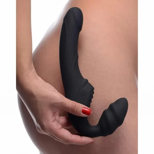 Slim Rider Ribbed Vibrating Silicone Strapless Strap On - Image 6