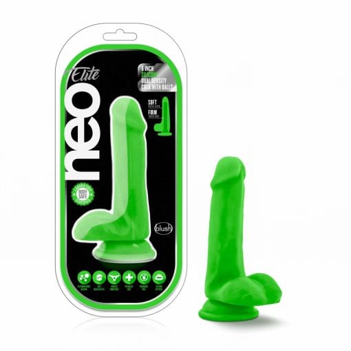 Neo Elite 6in Silicone Dual Density Cock with Balls Neon Green