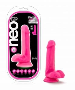 Neo Elite 6in Silicone Dual Density Cock with Balls Neon Pink