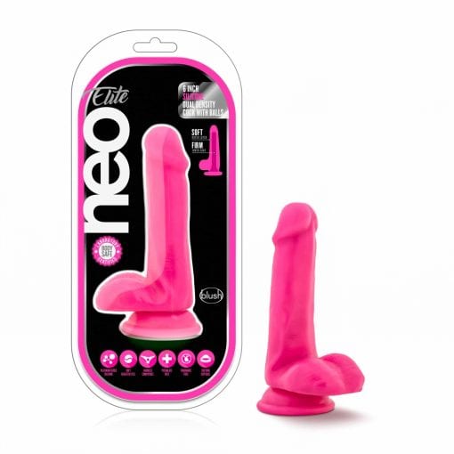 Neo Elite 6in Silicone Dual Density Cock with Balls Neon Pink