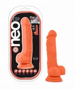 Neo Elite 7.5in Silicone Dual Density Cock with Balls Neon Orange