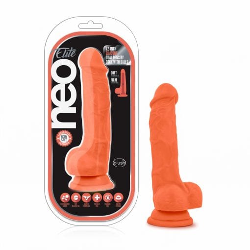 Neo Elite 7.5in Silicone Dual Density Cock with Balls Neon Orange