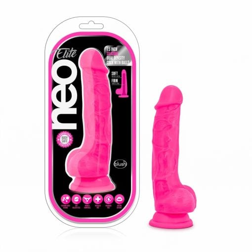 Neo Elite 7.5in Silicone Dual Density Cock with Balls Neon Pink