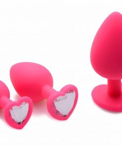 Pink Hearts 3 Pc Silicone Anal Plugs with Gem Accents