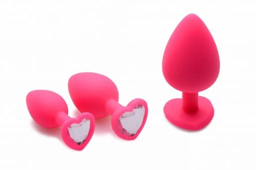 Pink Hearts 3 Pc Silicone Anal Plugs with Gem Accents