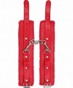 Ouch! Plush Leather Hand Cuffs - Red