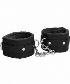 Ouch! Plush Leather Hand Cuffs - Black