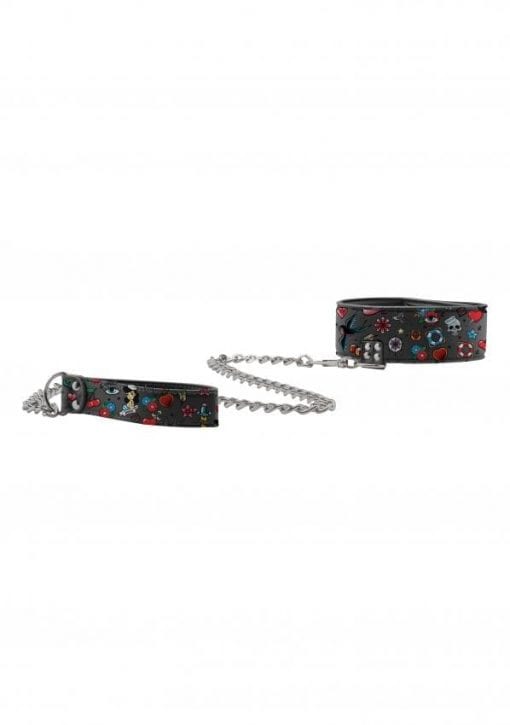 Printed Collar With Leash - Old School Tattoo Style - Black