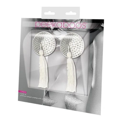 White Satin w White Stone and Tassel Pastie - Image 2
