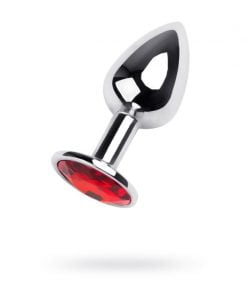 Silver Metal Anal Plug w Red Ruby Gem Small