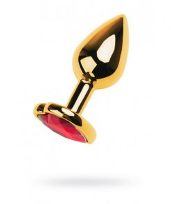 Gold Metal Anal Plug w Red Ruby Heart Crystal Small