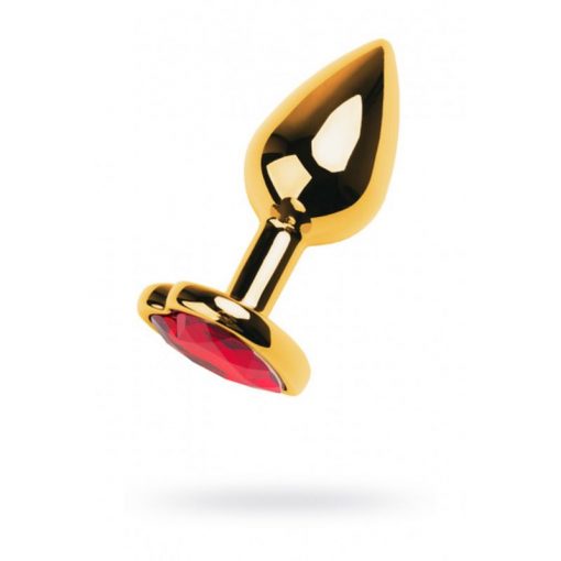 Gold Metal Anal Plug w Red Ruby Heart Crystal Small