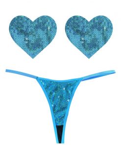 Mahi Mahi Blue Sequin G-String and Heart Pastie Set