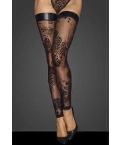 Tulle Stockings w Patterned Flock Embroidery & Power Wetlook Band
