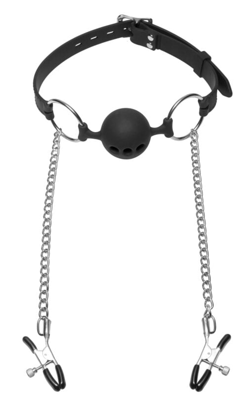 Hinder Breathable Silicone Ball Gag With Nipple Clamps - Image 2