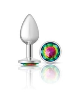 Cheeky Charms Silver Round Butt Plug w Rainbow Jewel Small