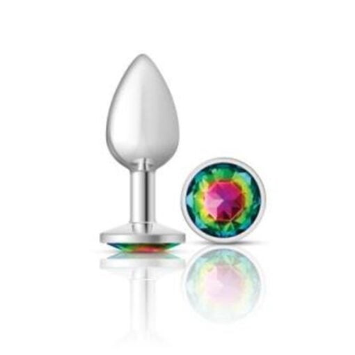 Cheeky Charms Silver Round Butt Plug w Rainbow Jewel Small