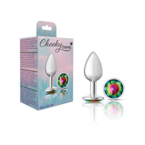 Cheeky Charms Silver Round Butt Plug w Rainbow Jewel Small - Image 2