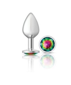 Cheeky Charms Silver Round Butt Plug w Rainbow Jewel Medium