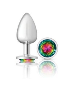 Cheeky Charms Silver Round Butt Plug w Rainbow Jewel Large