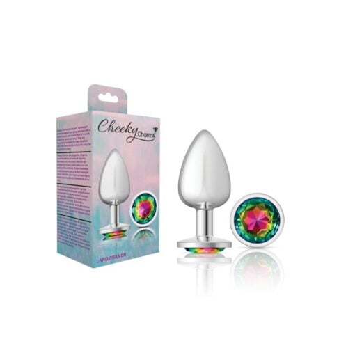 Cheeky Charms Silver Round Butt Plug w Rainbow Jewel Large - Image 3