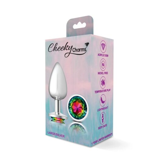 Cheeky Charms Silver Round Butt Plug w Rainbow Jewel Large - Image 4