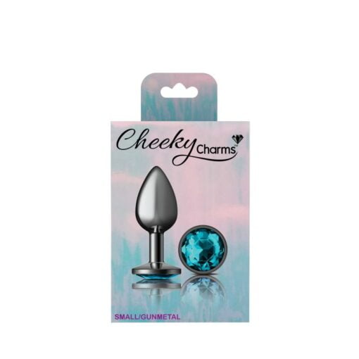 Cheeky Charms Gunmetal Round Butt Plug w Teal Jewel Small - Image 4