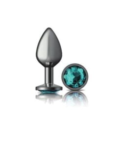 Cheeky Charms Gunmetal Round Butt Plug w Teal Jewel Medium