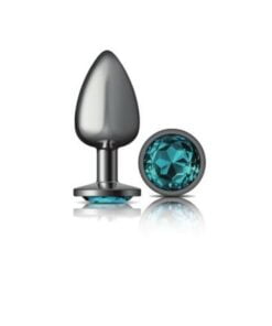 Cheeky Charms Gunmetal Round Butt Plug w Teal Jewel Large