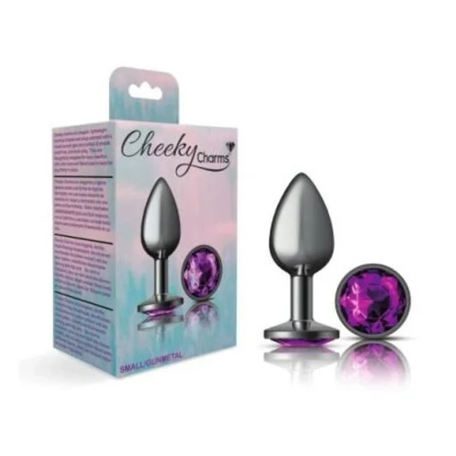 Cheeky Charms Gunmetal Round Butt Plug w Purple Jewel Small - Image 3