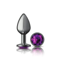 Cheeky Charms Gunmetal Round Butt Plug w Purple Jewel Medium