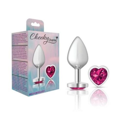 Cheeky Charms Silver Metal  Butt Plug w Heart Pink Jewel Medium - Image 3