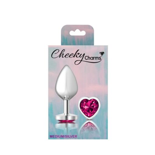 Cheeky Charms Silver Metal  Butt Plug w Heart Pink Jewel Medium - Image 4
