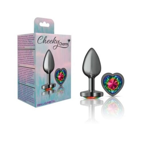 Cheeky Charms Gunmetal  Butt Plug w Heart Rainbow Jewel Small - Image 3