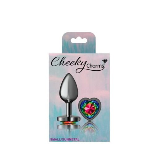 Cheeky Charms Gunmetal  Butt Plug w Heart Rainbow Jewel Small - Image 4