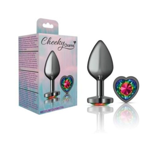 Cheeky Charms Gunmetal  Butt Plug w Heart Rainbow Jewel Medium - Image 3