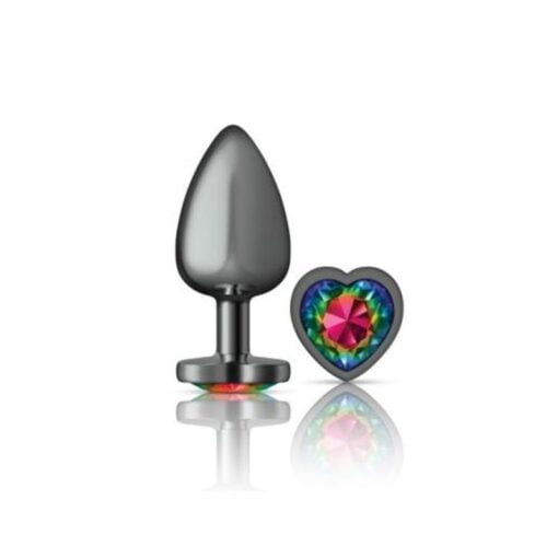 Cheeky Charms Gunmetal  Butt Plug w Heart Rainbow Jewel Large - Image 2