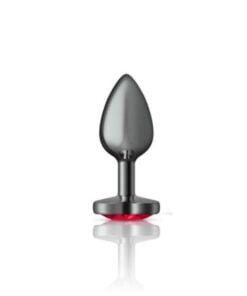 Cheeky Charms Gunmetal  Butt Plug w Heart Red Jewel Small