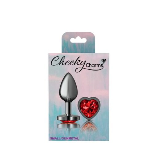 Cheeky Charms Gunmetal  Butt Plug w Heart Red Jewel Small - Image 4