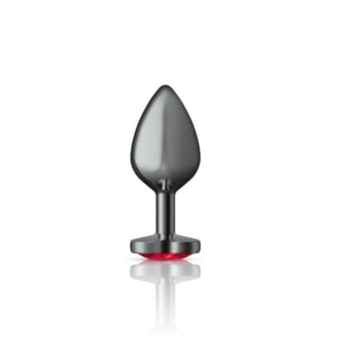 Cheeky Charms Gunmetal  Butt Plug w Heart Red Jewel Medium