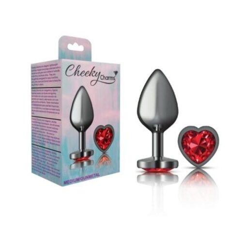Cheeky Charms Gunmetal  Butt Plug w Heart Red Jewel Medium - Image 3