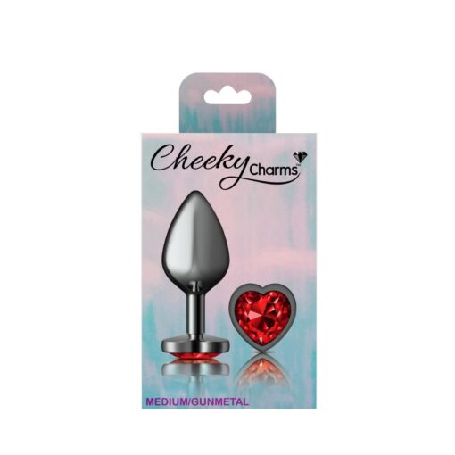 Cheeky Charms Gunmetal  Butt Plug w Heart Red Jewel Medium - Image 4