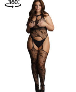 Lace suspender bodystocking with round neck