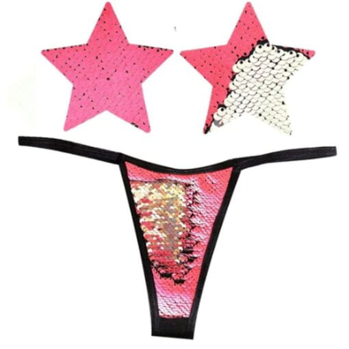 Bitchin Neon Pink and Silver Blacklight Sequin Pastie and Panty Set - Image 2