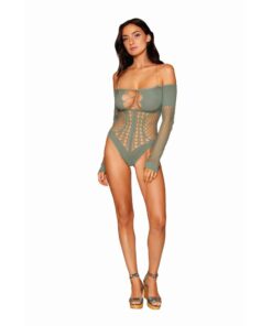 Dreamgirl Seamless Long Sleeve Teddy with Removeable Gold Halter Chain Sage