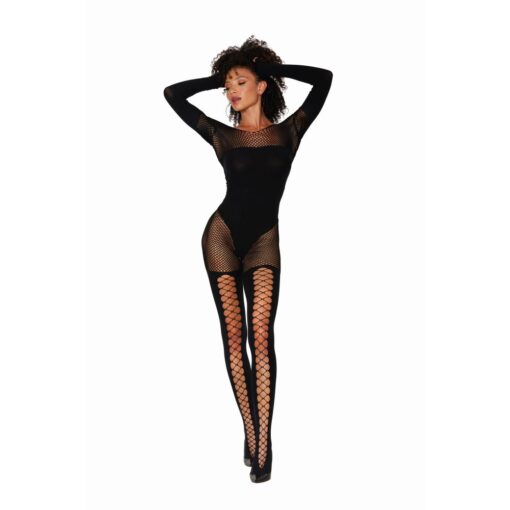 Dreamgirl Seamless Opaque and Fishnet Bodystocking Black - Image 2