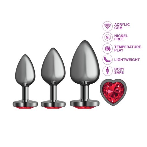 Cheeky Charms Round Metal Butt Plug Gunmetal 3 Pc Kit w Dark Red Heart Jewel - Image 3