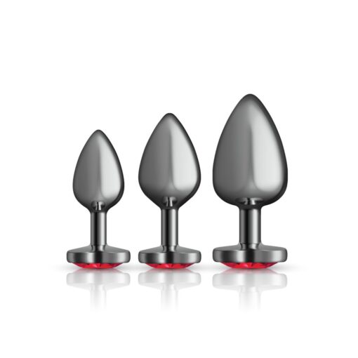 Cheeky Charms Round Metal Butt Plug Gunmetal 3 Pc Kit w Dark Red Heart Jewel - Image 4