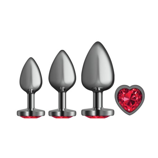 Cheeky Charms Round Metal Butt Plug Gunmetal 3 Pc Kit w Dark Red Heart Jewel - Image 5
